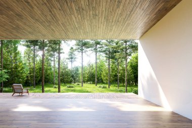 Gündüz vakti panoramik çam ormanı manzaralı, şezlonglu, modern boş ahşap teras. Doğal güneş gölgeleri olan zarif mimari alan. 3d hazırlayıcı.