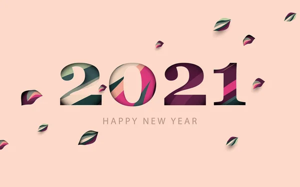 Feliz Año Nuevo 2021 Con Hojas Que Caen Números Corte — Vector de stock