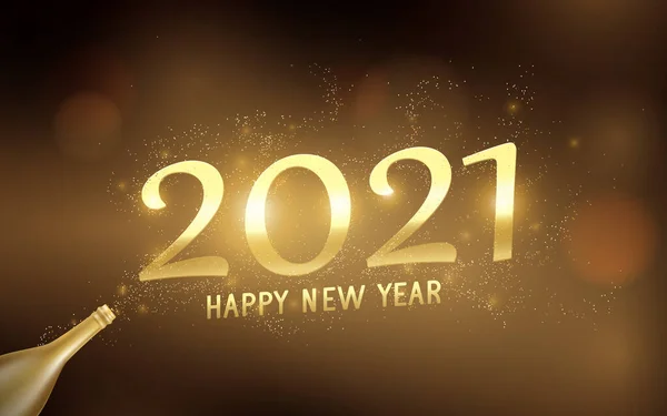 Feliz Año Nuevo 2021 Con Botella Champán Oro Luz Confetti — Vector de stock