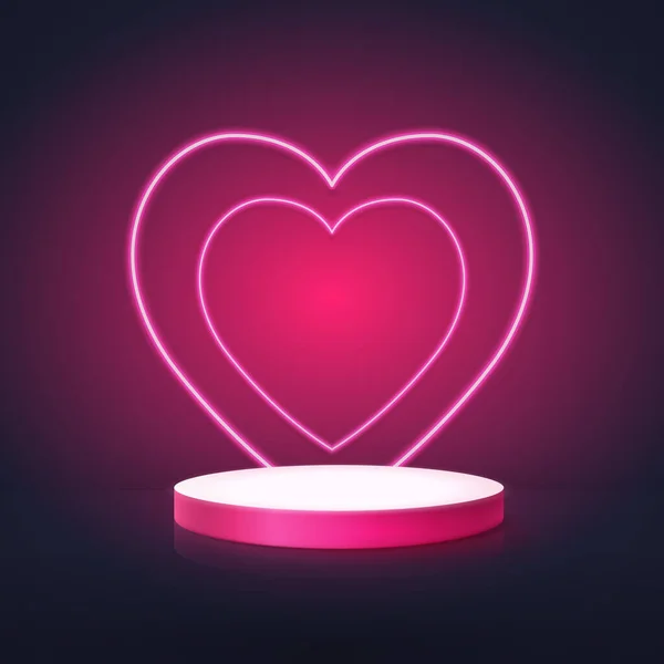 Wit Roze Cirkel Vorm Podium Display Met Neon Harten Valentines — Stockvector