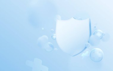 Sağlık hizmetleri konsepti. 3D mavi kalkan ve yumuşak arkaplanda yüzen soyut İncil ve çapraz tabela