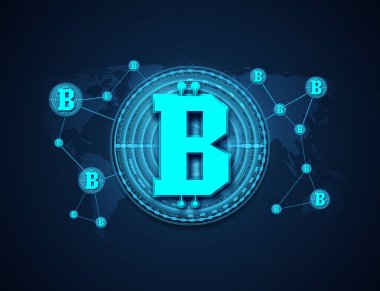 Bitcoin, Kripto Para Birimi ve Engelleme Teknolojisi dünya haritasının arka planında
