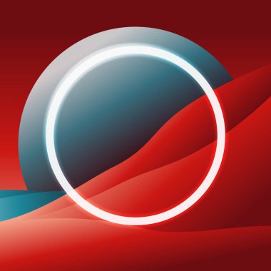 Mavi ay ve deniz ile soyut kırmızı dağ ve kum. Işık çemberi. En az sanat eseri. Teknoloji siberi. Vektör illüstrasyonu