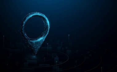 Teknoloji navigatörünün pimi harita diyagramında bir yeri kontrol ediyor. Çizgiler, üçgenler ve parçacık tasarımı. Vektör illüstrasyonu