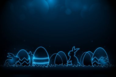 Çimlerin üzerinde süslü Paskalya yumurtaları olan küçük tavşancık. Karanlık ve mavi ışıkta gelecek teknolojisi kavramı. Vektör illüstrasyonu