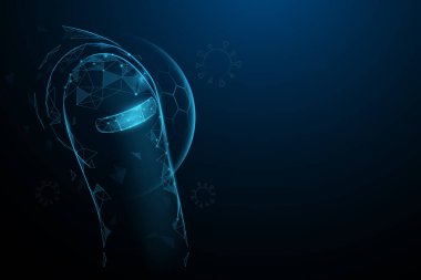 Kadının kolunun üst kısmında bandaj olan bir aşı yapılmış. Aşı ve grip ya da virüs salgınına karşı önleme. Düşük polimetrik, geometrik, kablo, parçacıklar, çizgiler ve üçgen hatlar. Vektör illüstrasyonu