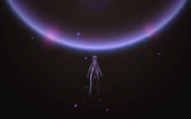 İnsan gezegene doğru uçuyor. Fütürist teknoloji dijital yüksek teknoloji konsepti. Düşük polimetrik, geometrik, kablo, parçacıklar, çizgiler ve üçgenler ana hatları