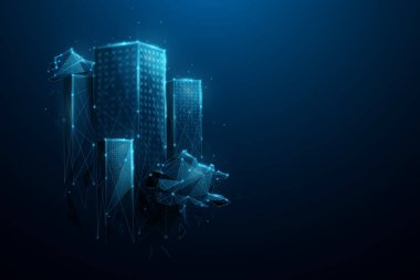 Gelecekçi şehir. Akıllı şehir. Çevre ve Ekoloji kavramı. Düşük polimetrik, geometrik, kablo, parçacıklar, çizgiler ve üçgen hatlar. Vektör illüstrasyonu