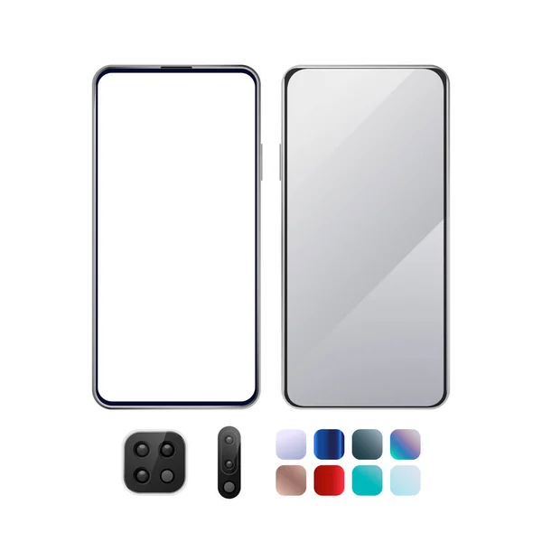 Front Back Smartphone Mockup Camera Colors Set Blank Display Vector — Stock vektor