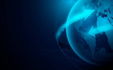 Küre ve ok. Fütürist teknoloji dijital yüksek teknoloji geçmişine sahip dünya bağlantıları ağı. Vektör illüstrasyonu