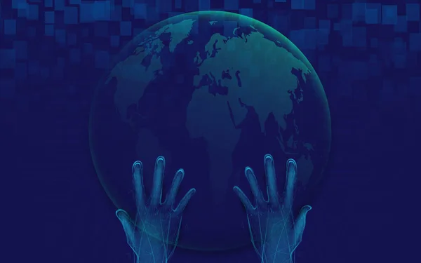 地球と手をつないで 未来技術デジタルハイテクの概念の背景 ベクターイラスト — ストックベクタ
