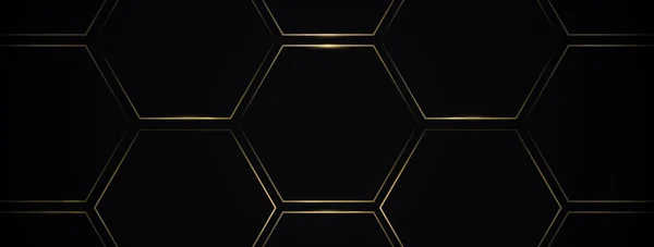 Абстрактные Золотые Линии Шестиугольного Геометрического Узора Черном Фоне Футуристические Технологии — стоковый вектор