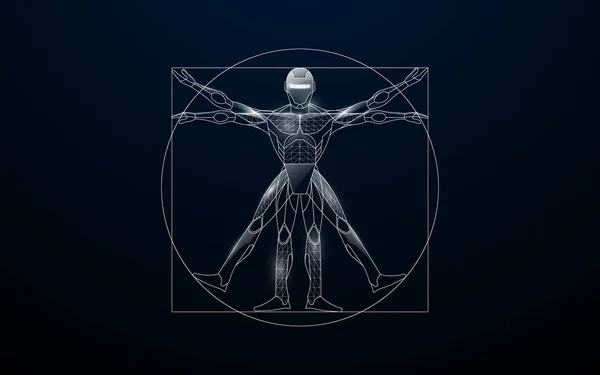 Homme Vitruvien Avec Cyborg Lignes Triangles Conception Style Particulaire Vecteur — Image vectorielle