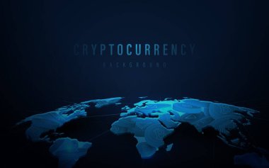 Dünya haritasındaki kripto para birimi koyu mavi duvar kağıdı üzerinde. Çevrimiçi mali iletişim