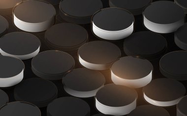 Soyut 3D lüks silindir yapı modeli. Zarif altın, siyah beyaz geometrik arka plan. Vektör illüstrasyonu