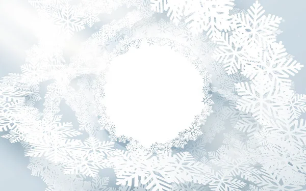 クリスマスラウンド雪のフレーム 雪の結晶の花輪を持つ3Dペーパーアート 新年明けましておめでとうございます ベクターイラスト — ストックベクタ