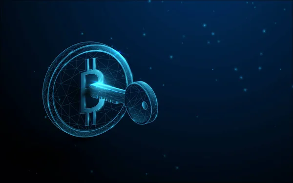 Bitcoin Con Llave Concepto Criptomoneda Diseño Línea Polígono Baja Triángulos — Vector de stock