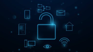 Üzerinde kilit olan mavi ekran ve etrafında bir sürü simge var. Kilit bir bilgisayar, bir telefon, bir yazıcı ve bir klavye için simgelerle çevrilidir.