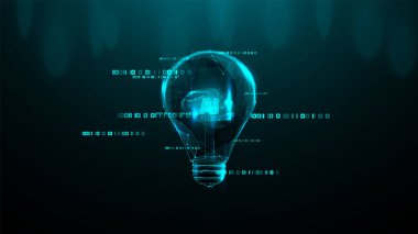 İçinde beyin olan bir ampul. İçinde bilgisayar çipi olan parlak mavi bir ampul. Gelecekçi teknoloji konsepti