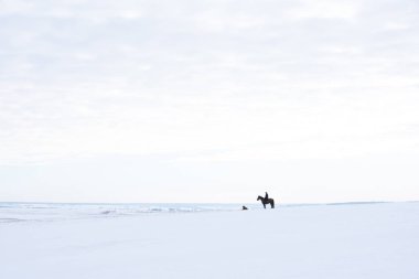 Kış günü tarlalarda ve tepelerde at sırtında bir adam. Solo izin gününde yürür. Hobi.