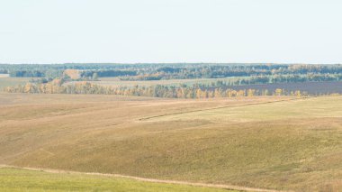 Tepeler, tarlalar, ağaçlar ile sonbaharın ilk zamanları manzarası.