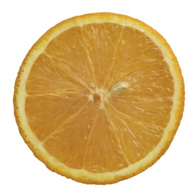 Beyaz arka planda izole edilmiş turuncu, ikiye bölünmüş, kemikle, üst görünümde.