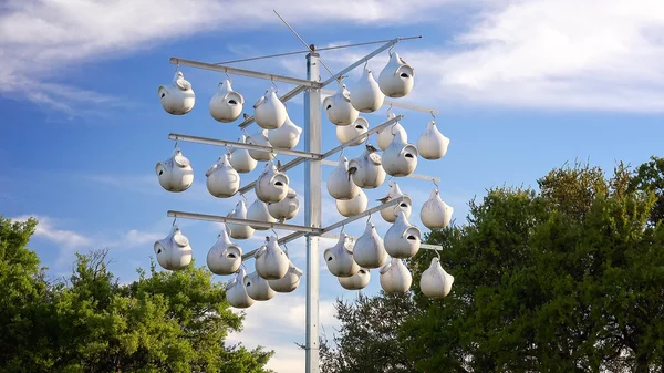 Blanco calabaza aves casas colgando de poste Fotos de stock libres de derechos