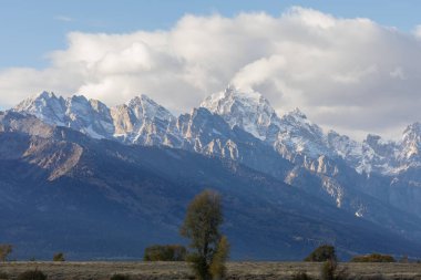 Kar Wyoming, Auutmn 'daki Teton Sıradağları' nın yüzeyi karla kaplıydı.