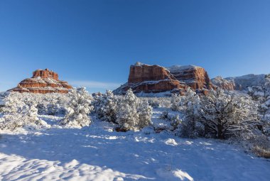 Sedona Arizona 'nın kırmızı kayalıklarında kışın manzaralı bir kar manzarası.