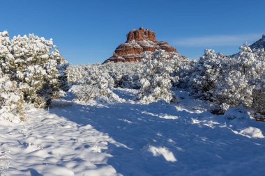Sedona Arizona 'nın kırmızı kayalıklarında kışın manzaralı bir kar manzarası.