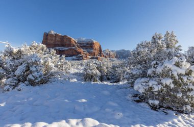 Sedona Arizona 'nın kırmızı kayalıklarında kışın manzaralı bir kar manzarası.