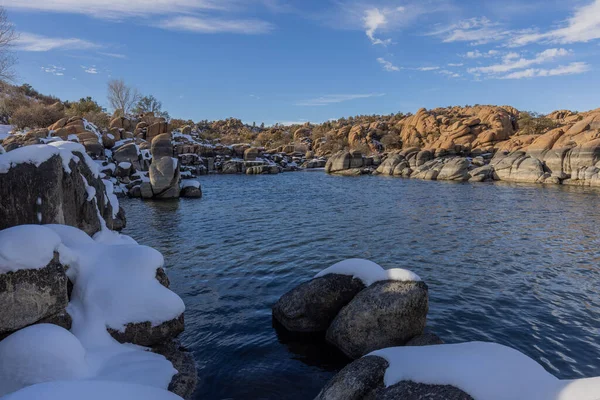 Paisagem Coberta Neve Cênica Watson Lake Prescott Arizona Inverno — Fotografia de Stock