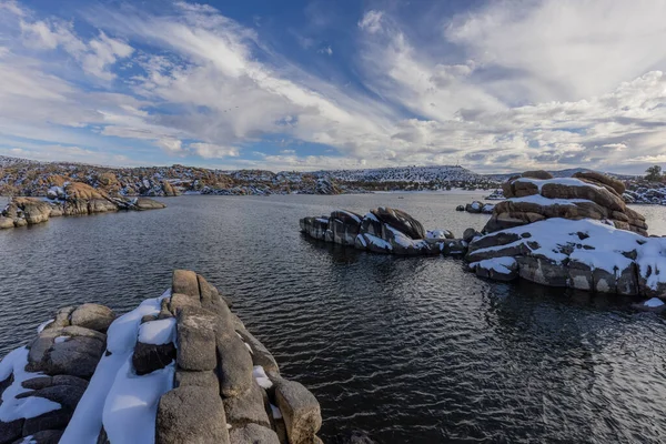 Paisagem Coberta Neve Cênica Watson Lake Prescott Arizona Inverno — Fotografia de Stock