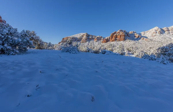 Sedona Arizona 'nın kırmızı kayalıklarında kışın manzaralı bir kar manzarası.