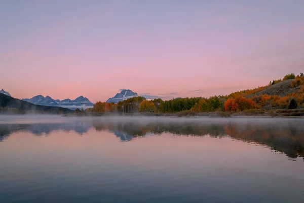 Scenic Reflection Van Maan Ondergaande Tetons Herfst — Stockfoto