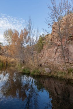 Arizona çölündeki Yukarı Verde nehri boyunca sonbaharda manzaralı bir manzara.