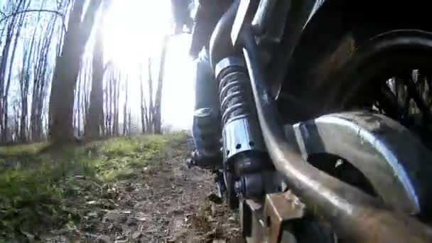 Вирушаючи на мотоцикл на брудній сільській дорозі, вид з тильної сторони. Звук — стокове відео