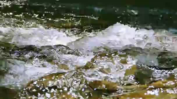 En cámara lenta. Salpicaduras del arroyo de montaña o río cerca — Vídeos de Stock