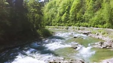 Uçuş düşük yükseklikte dağ nehir üzerinde. Hava