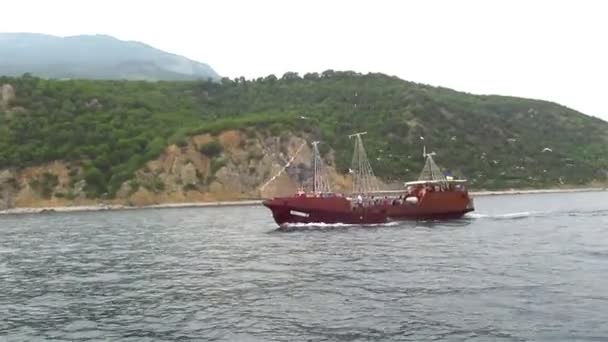 Стилизованный полуантикварный корабль и чайки — стоковое видео
