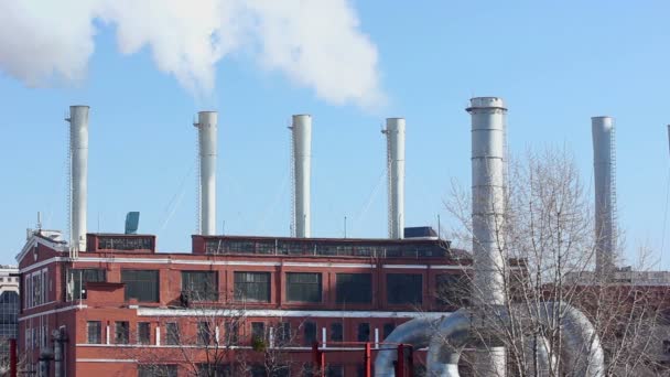 Tubi di fabbrica con un fumo in città — Video Stock