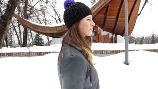 Jovem caminhando no parque de inverno. Tiro estabilizado — Vídeo de Stock