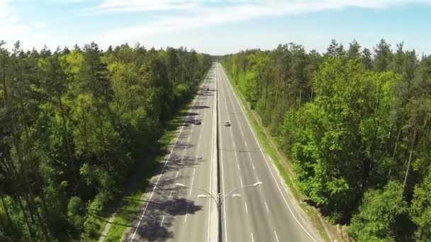 Flyover madera y carretera con coches. Antena — Vídeo de stock