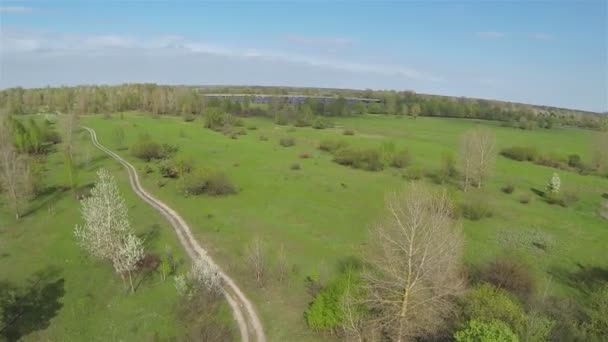 草原のフィールドの未舗装の道路。空中 — ストック動画