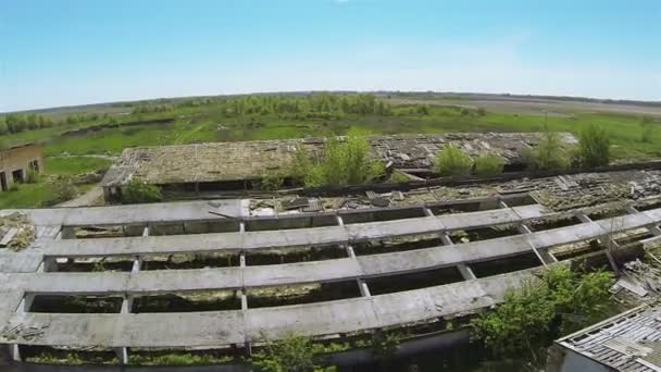 Destroyed roof of old rural cowsheds. Aerial — Stock Video