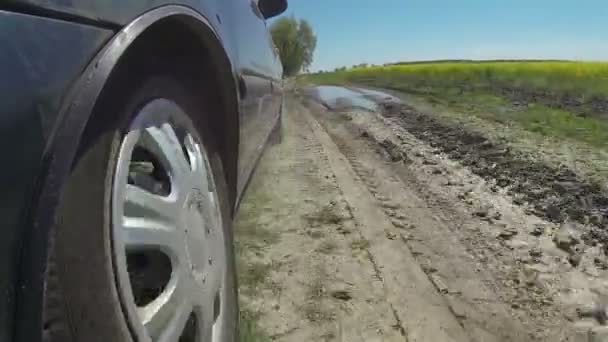 Машина едет по сельской дороге после дождя — стоковое видео