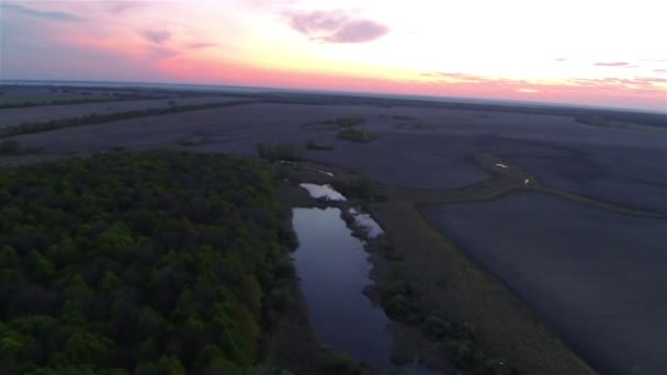 Sunrise fly over river and wood   .Aerial  landscape — Stock Video