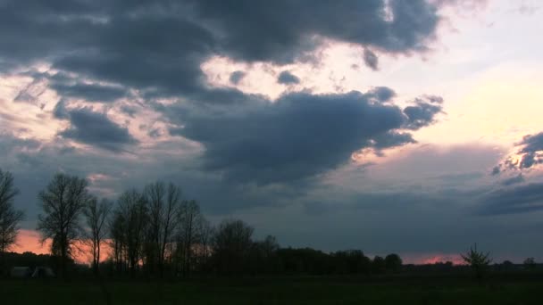 Ciel printanier, nuages et arbres. Échéance du crépuscule .