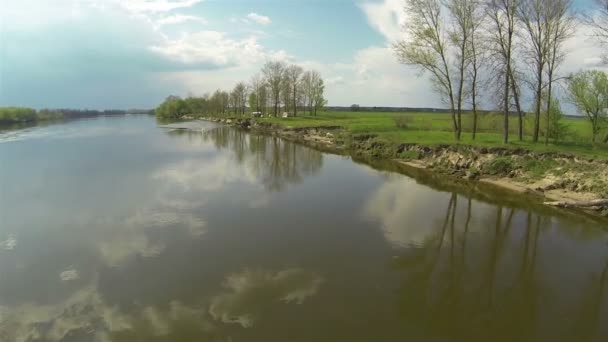 Lage vlucht op rivier met bomen en reflecties van wolken. Luchtfoto — Stockvideo