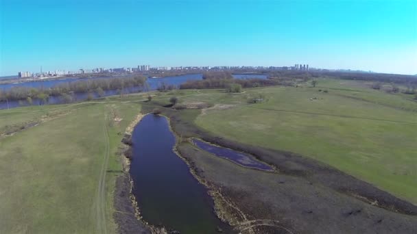 Over bomen en velden. Luchtfoto mooie vlucht — Stockvideo